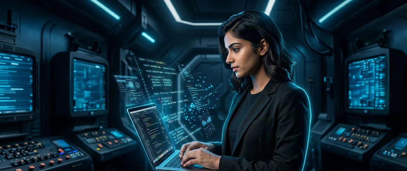 A student working at a laptop in a lab lit by projected code